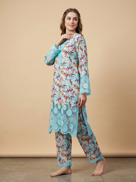 Cotton Printed Lace Work Kurti Set 1037 Blue