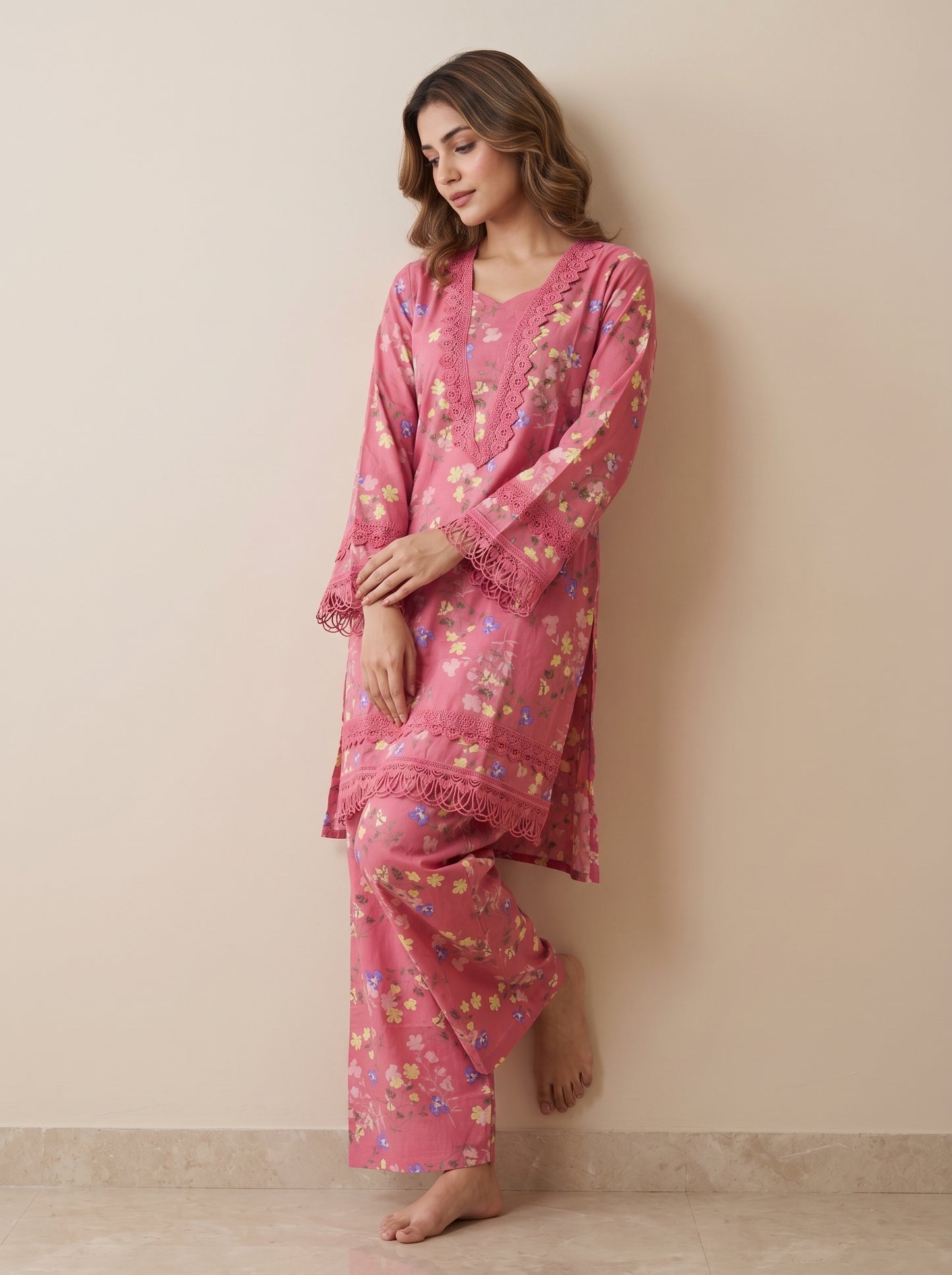 Cotton Printed Lace Work Kurti set 1036 Pink