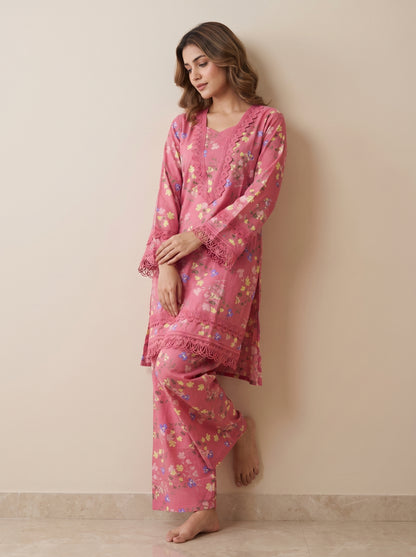 Cotton Printed Lace Work Kurti set 1036 Pink