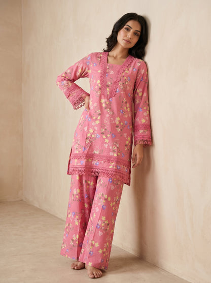 Cotton Printed Lace Work Kurti set 1036 Pink