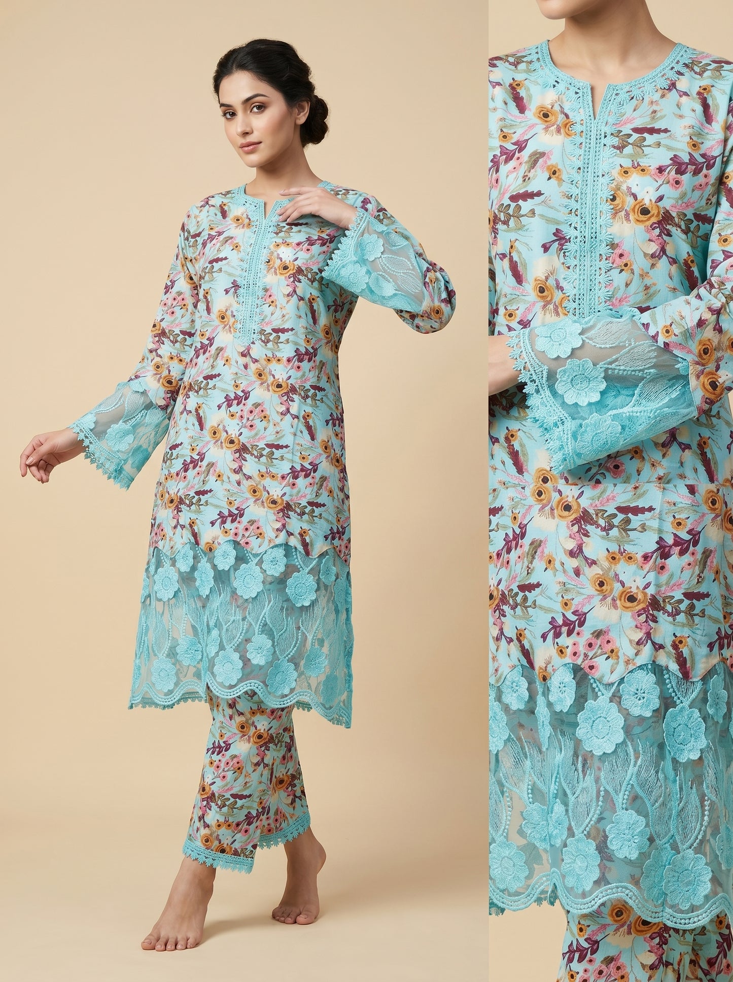 Cotton Printed Lace Work Kurti Set 1037 Blue
