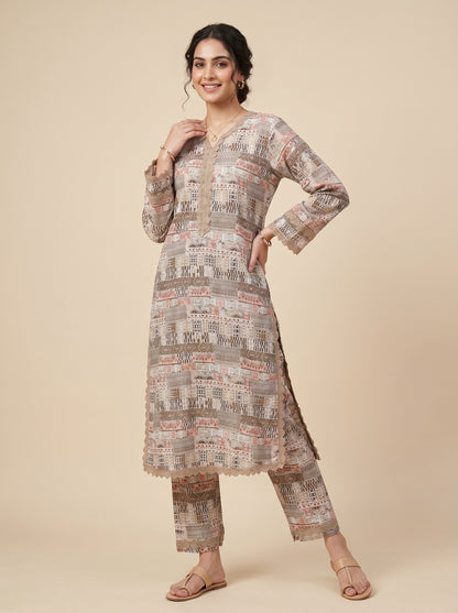 Cotton Printed Kurti Set 1038 Beige