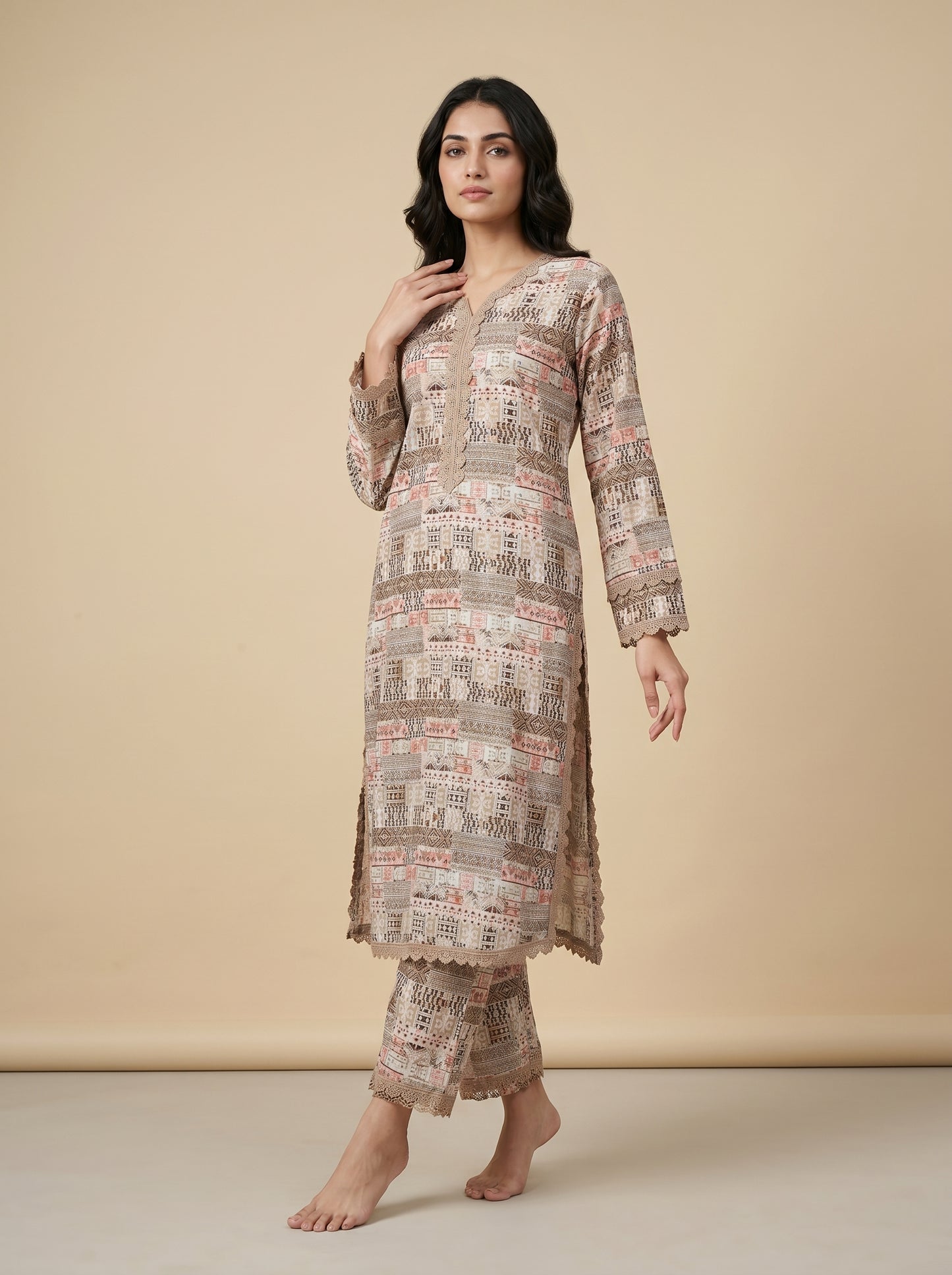 Cotton Printed Kurti Set 1038 Beige