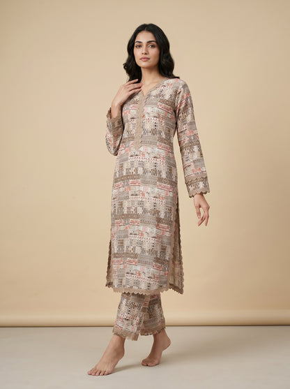 Cotton Printed Kurti Set 1038 Beige