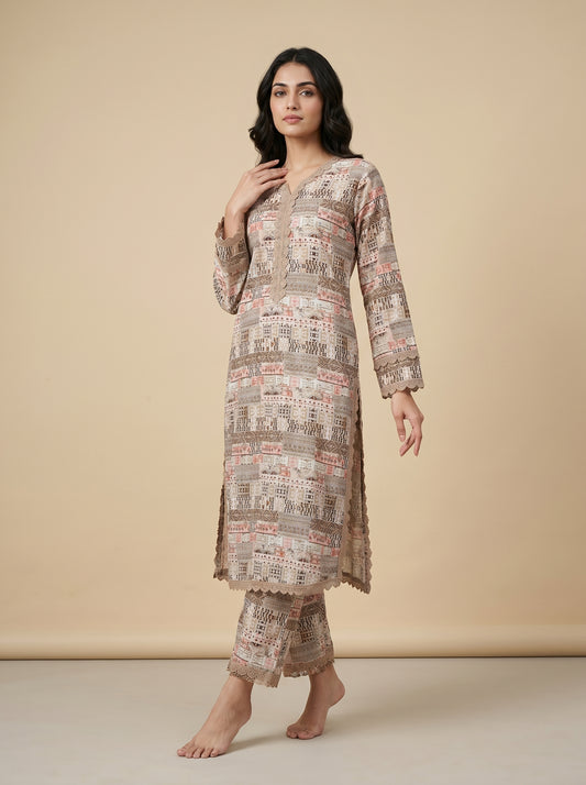 Cotton Printed Kurti Set 1038 Beige