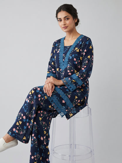 Cotton Printed Lace Work Kurti Set 1039 Blue