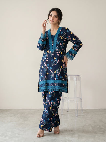 Cotton Printed Lace Work Kurti Set 1039 Blue