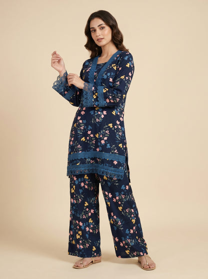Cotton Printed Lace Work Kurti Set 1039 Blue