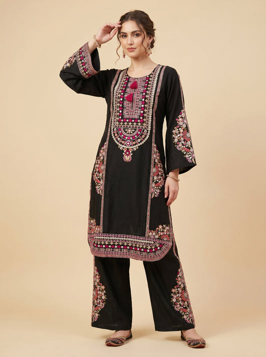 Cotton Embroidery Kurti Set 1041 Black