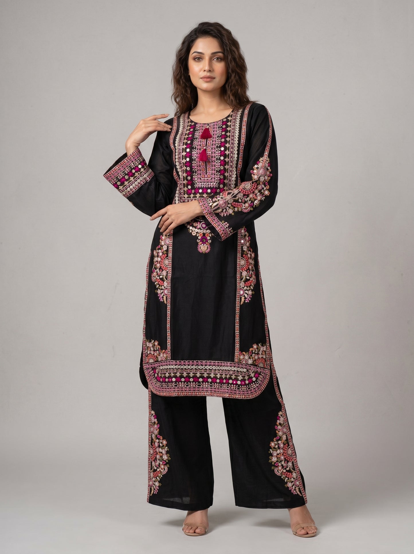 Cotton Embroidery Kurti Set 1041 Black