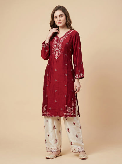 Cotton Embroidery Kurti Set 1043 Maroon