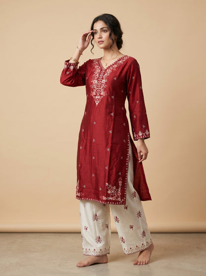 Cotton Embroidery Kurti Set 1043 Maroon