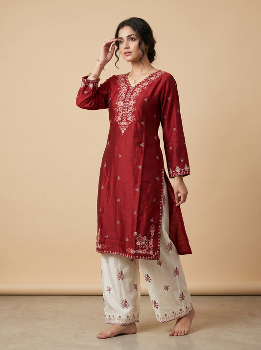 Cotton Embroidery Kurti Set 1043 Maroon