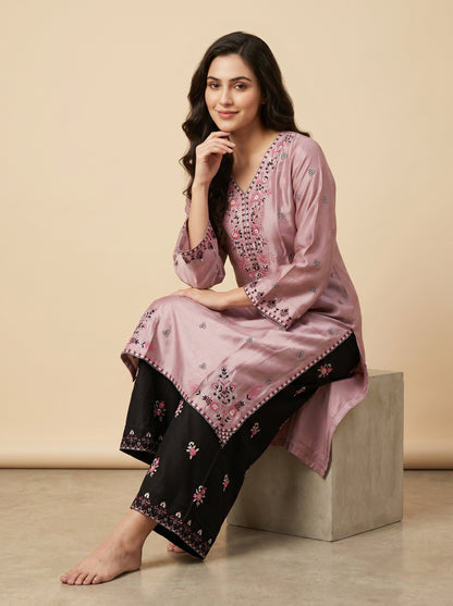 Cotton Embroidery Kurti Set 1042 Pink