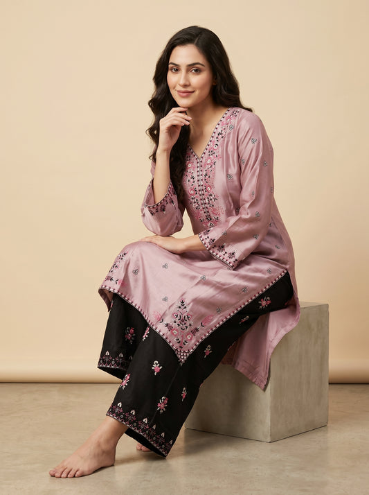 Cotton Embroidery Kurti Set 1042 Pink