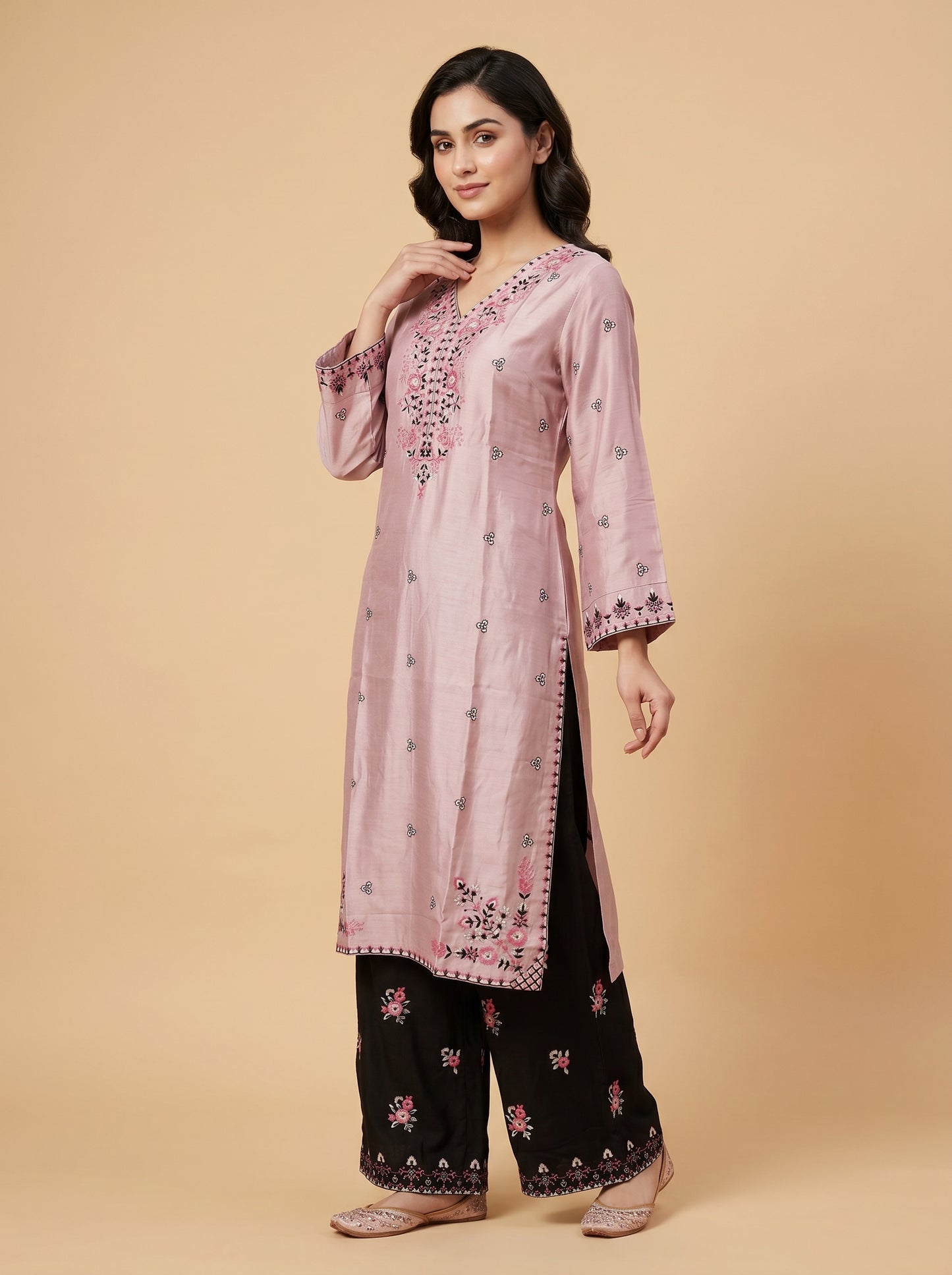 Cotton Embroidery Kurti Set 1042 Pink