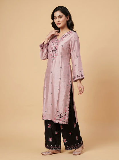 Cotton Embroidery Kurti Set 1042 Pink
