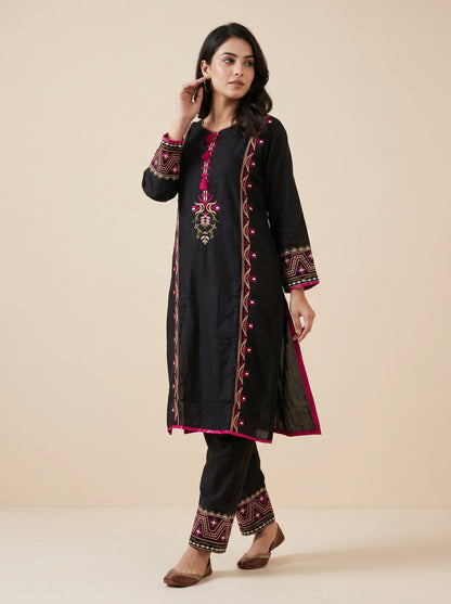 Cotton Embroidery Kurti Set 1044 Black