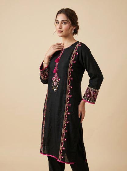 Cotton Embroidery Kurti Set 1044 Black