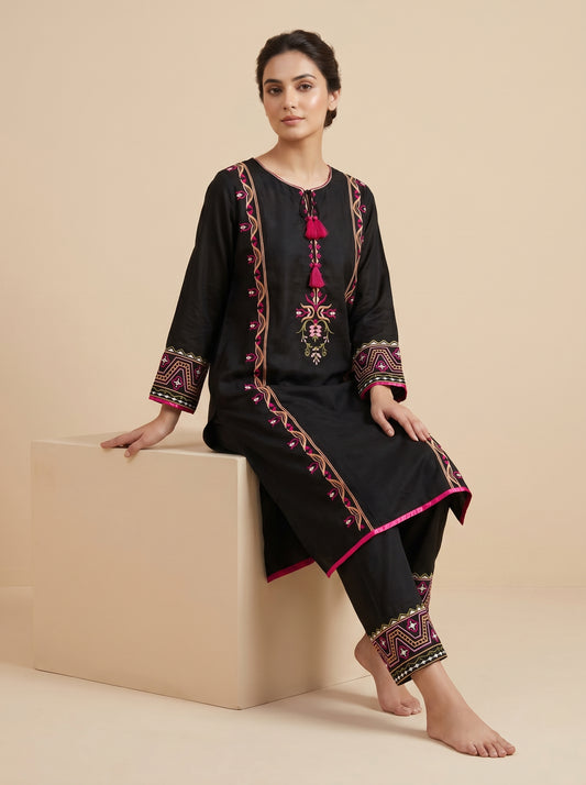 Cotton Embroidery Kurti Set 1044 Black