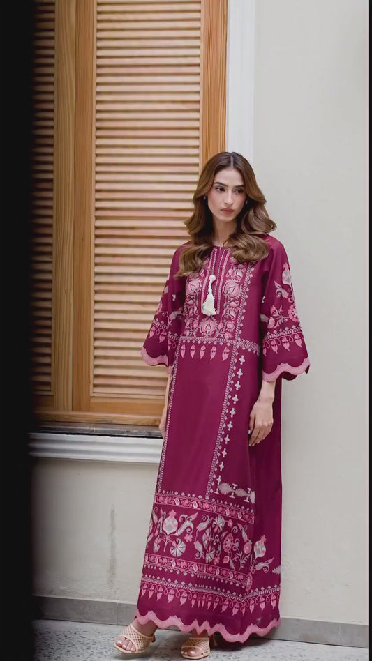 Cotton Satin Printed Kaftan J6168 Maroon (Only Top)