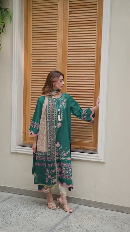 Cotton Satin Printed Kurta Set J6165 Green (With Dupatta)